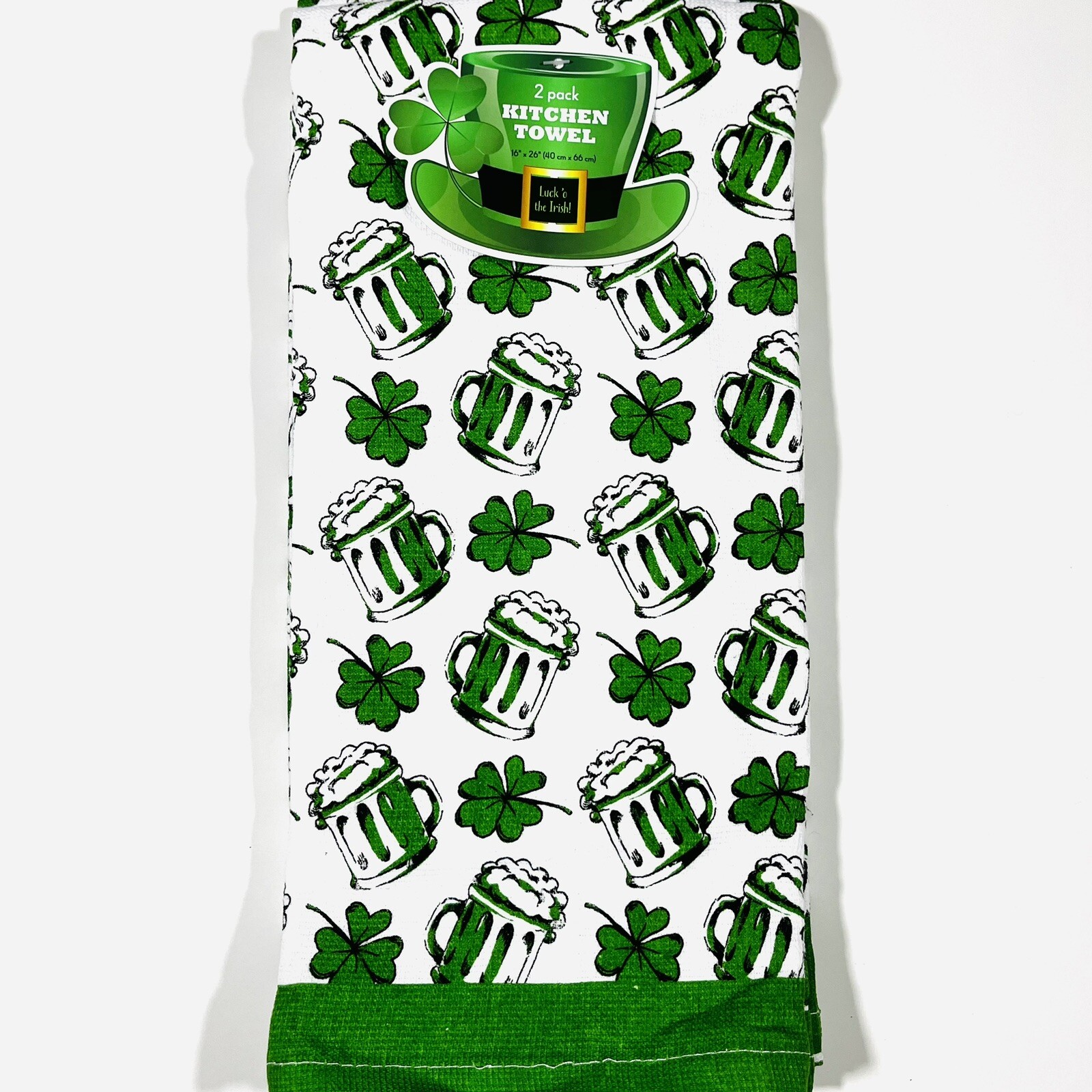 St Patricks Day 2 Pack Hand Towels Irish Clovers Beer Mugs Green Shamrocks NWT