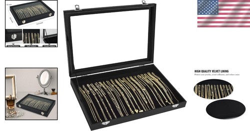 Black Jewelry Storage Display Case - 20 Hook Velvet Necklace Organizer with Lock - Picture 2 of 8