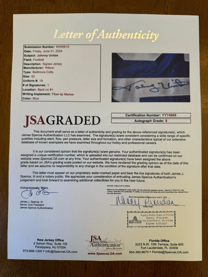 Camiseta deportiva firmada por Johnny Unitas autografiada Wilson Proline JSA LOA Colts Foto 2 de 4