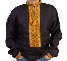 GIFT FOR HIM VYSHYVANKA men Black Yellow Embroidery Linen SHIRT S-4XL