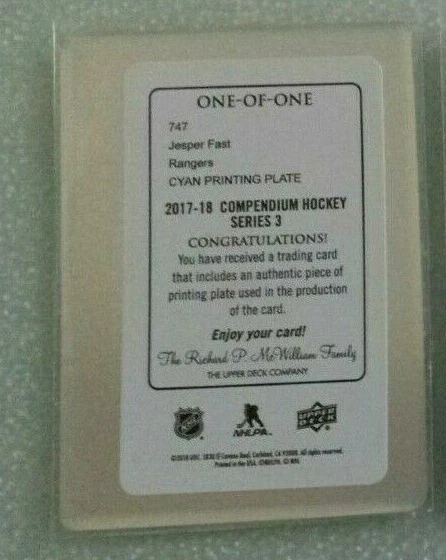 Jesper Fast 2017/18 Upper Deck Compendium #747 1 OF 1 PRINTING PLATE CYAN - Image 2 of 2