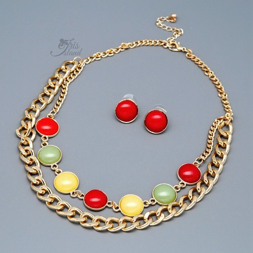 Women Candy Multicolor Button Necklace Earrings Jewelry Set Fashion Jewelry 0252 - Picture 2 of 5