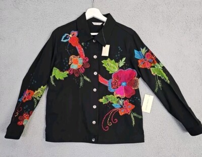 NEW NWT Laura Ashley Black Button-Down Jacket W Floral Embroidery Size M Womens