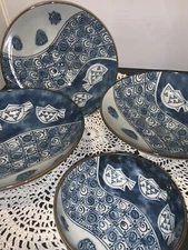 Mino Chiyama Kiln Japanese Ceramic  Blue And White 9 3/8” Serving Bowls Fish Vtg