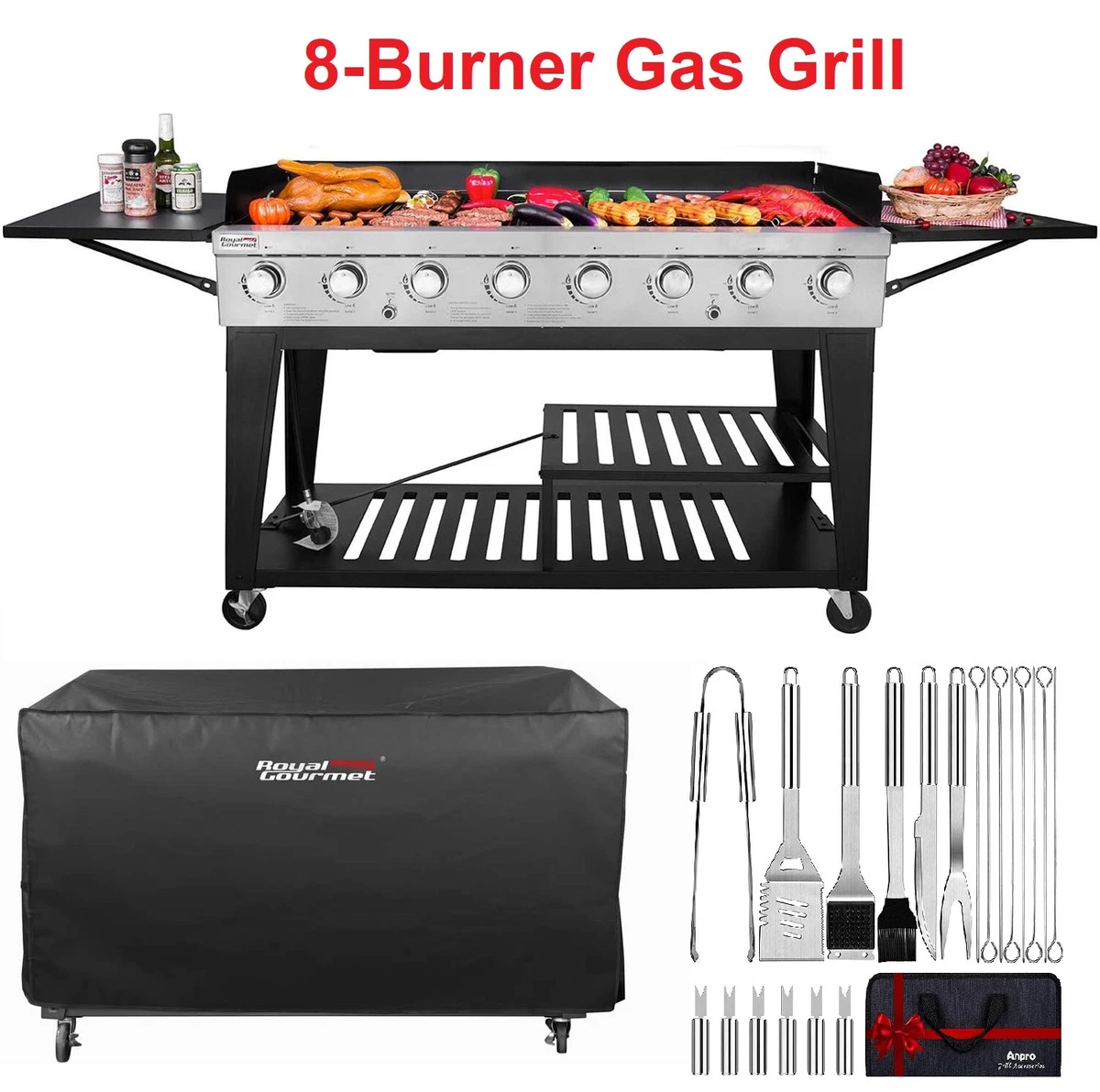 Outdoor 8 Burner BBQ Propane Gas Grill with Cover and Grilling Accessories  Kit