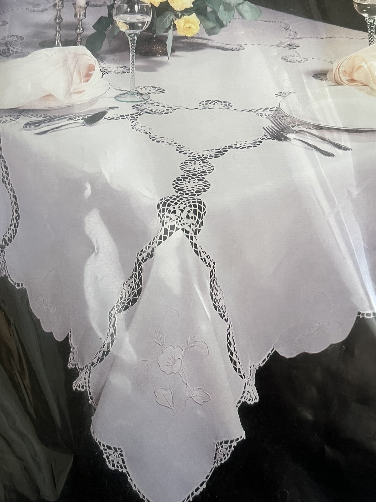 NOS Vintage Hand Embroidered Europa Oblong 65 X 120 Tablecloth 12