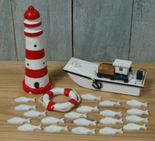 4tlg. Deko Set Leuchtturm, Boot, Rettungsring, Fische maritime Dekoration Blau