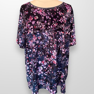 Evri Size 1X Top Tunic Shirt Blue Velvet Velour Short Sleeve Stretch Travel