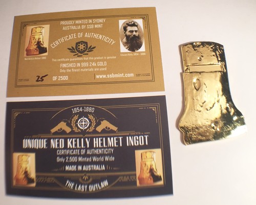 Rare 2016 "Ned Kelly" Helmet Ingot, 999 24k Gold Plated, Outlaw, Guns 27.1g - Picture 2 of 7