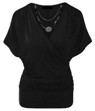 Women's Ladies Wrap Over Crossover V Neck Necklace Loose Tunic Batwing Top 8-22 