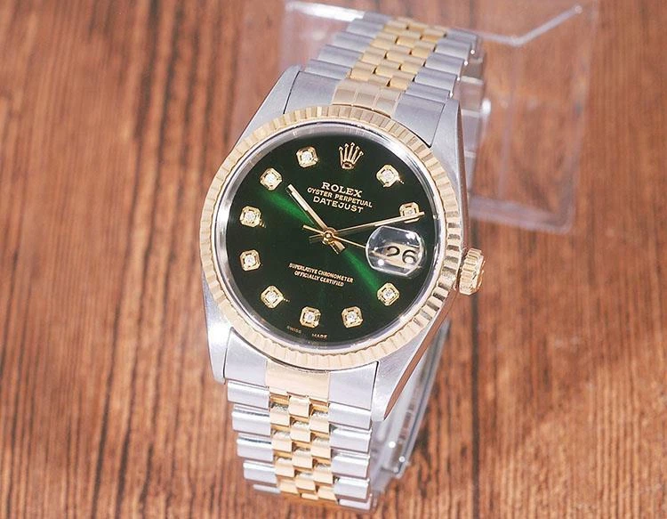 Rolex Datejust Gold Steel Green Floral Dial 16233 Oyster Watch