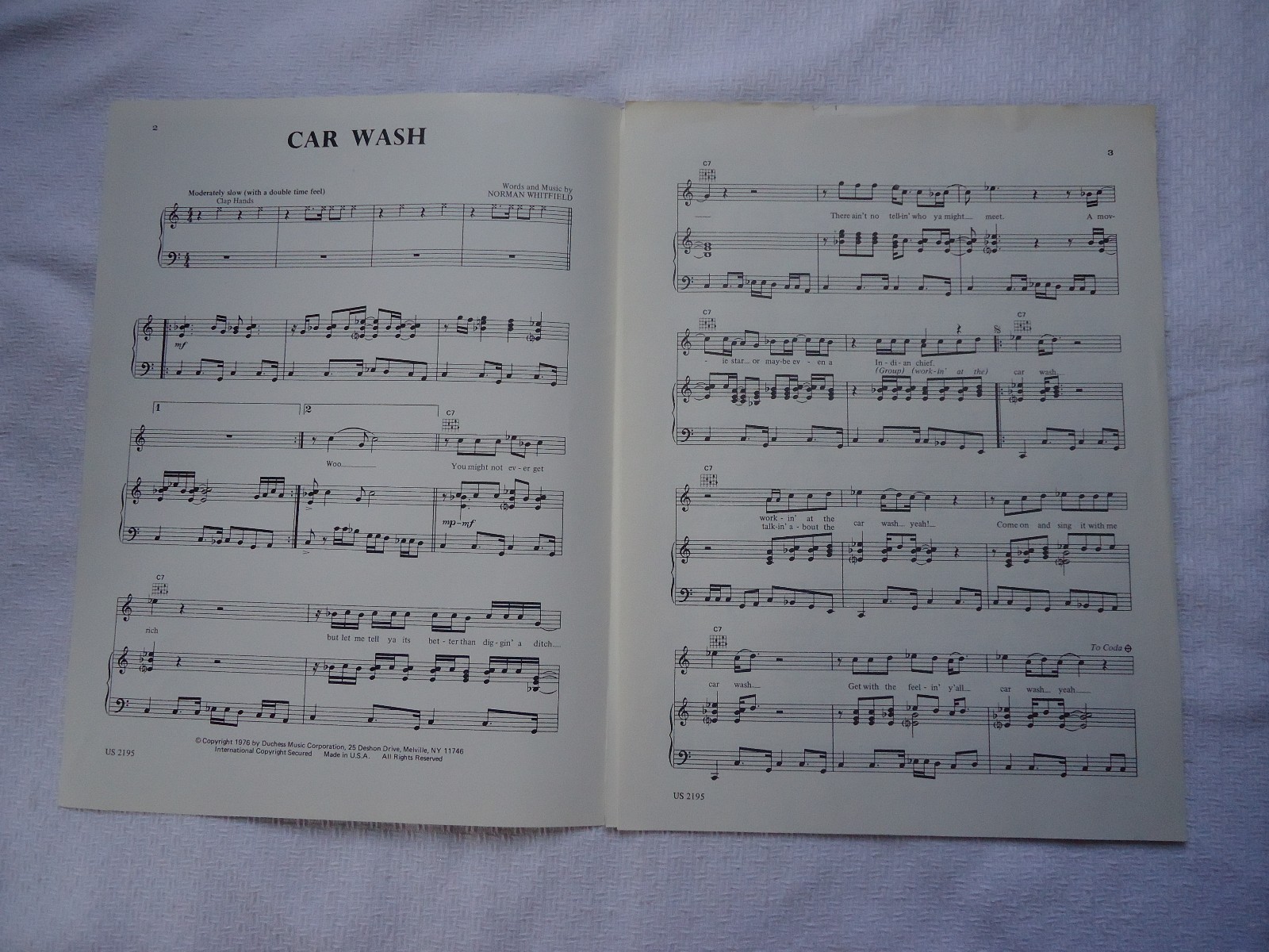 CAR WASH 1976 FILM BILLBOARD 1 HIT DISCO SHEET MUSIC DUCHESS MUSIC