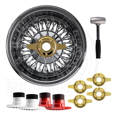 14x7 Rev 72 Spoke CL Wire Wheels + Zenith 2 Bar Gold KO + Locking Adapters, Set