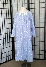 Lanz of Salzburg Blue White Doves Flannel Nightgown L Heart Buttons Pockets