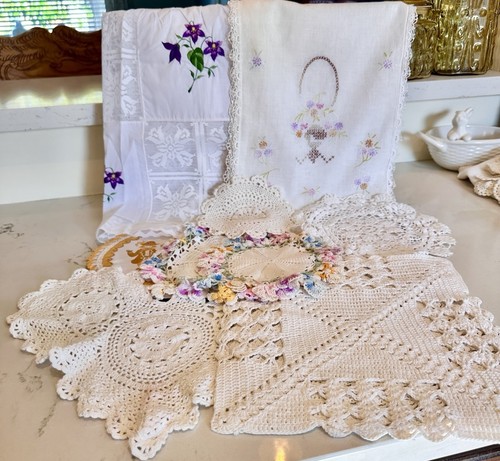 Vintage Linen Lot 10 Pieces Embroidered Crocheted Granny Core Grandma Doilies