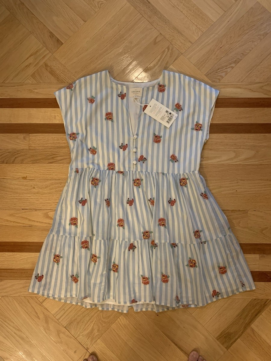 NWT Sezane Saphir Dress in Florals Blue Stripe Size 36 EU/4