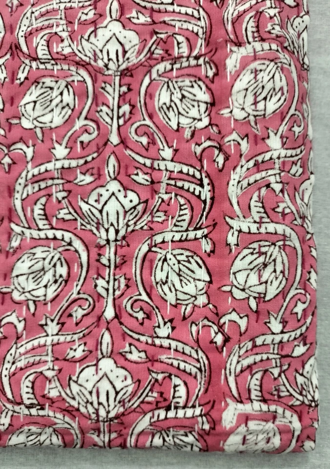 Indian Pink White Floral Kantha Quilt,Blanket Cotton King Size Bedspread Throw - Image 3 of 4