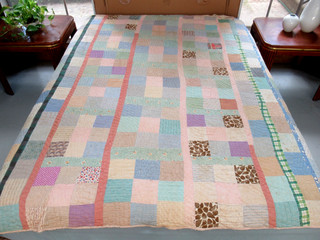 Vintage Farmhouse Baptist Fan Hand Quilted Feed Sack NINE PATCH Quilt; 78"x74"