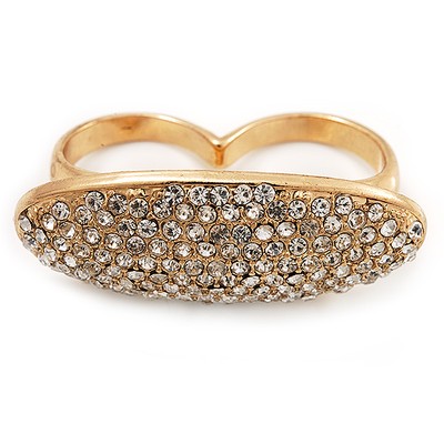 Vergoldete Pave Set klare österreichische Kristall ''Schild'' Doppel Finger Ring - 45 mm