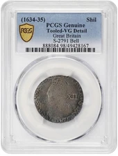 ENGLAND  KING CHARLES I   1634-1635  1 SHILLING SILVER COIN, PCGS "VG DETAIL"