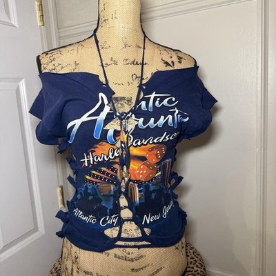 Women s Blue Off-Shoulder Halter Crop Top Graphic Print Lace Tie Short Sleeve