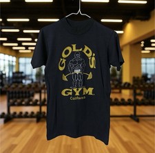 Vintage Gold  s Gym California 80  s Hanes Rare Navy Blue w/ Black Neck Line Shirt