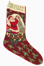 Vintage Wool Needlepoint Christmas Stocking Santa Tree Red Backing 6.25"x17.75"