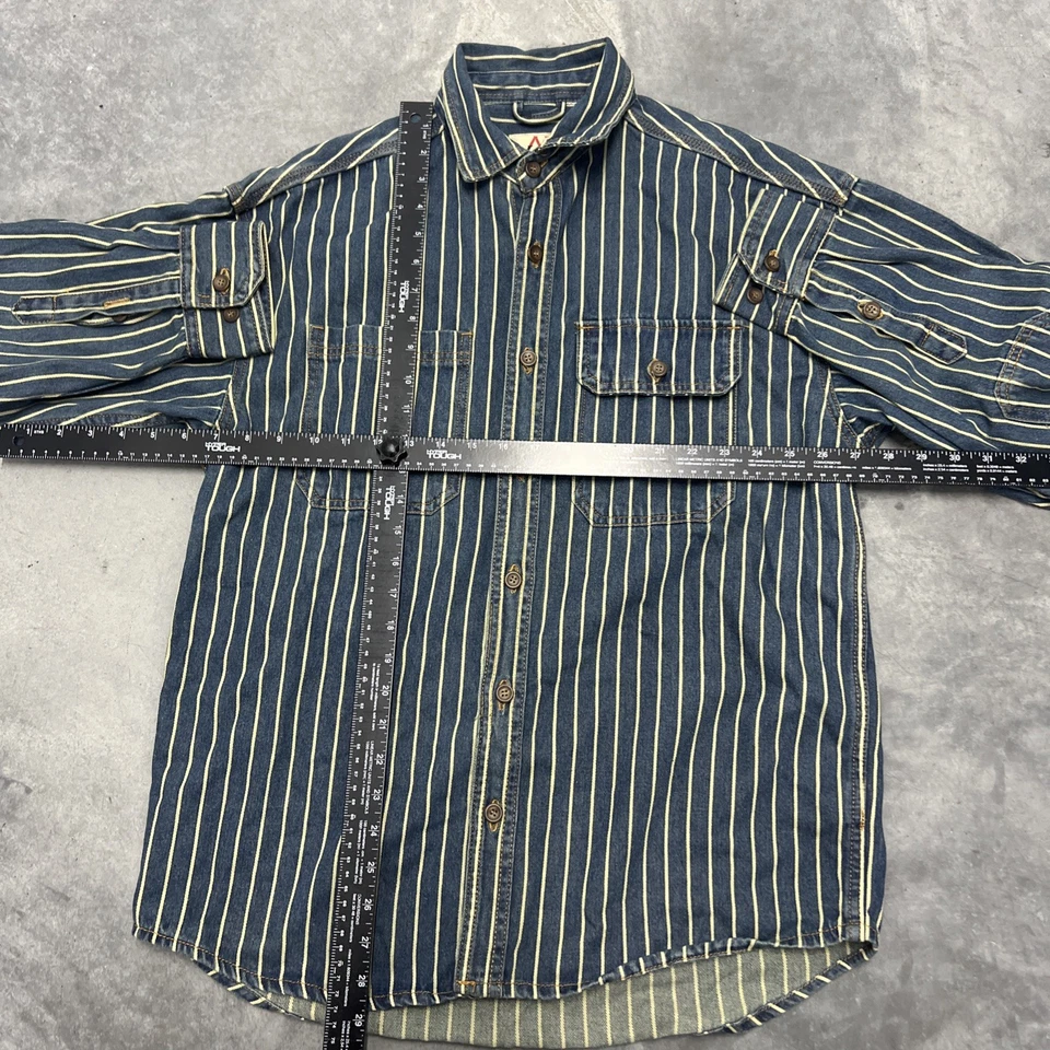 Camisa vaquera vintage lavada a rayas verticales para hombre camisa suelta de algodón manga larga Foto 3 de 4