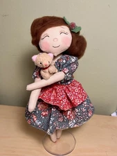 OOAK Handmade Cute Christmas Girl Doll Carring Her Kitty New Decor Gift 12 Inch