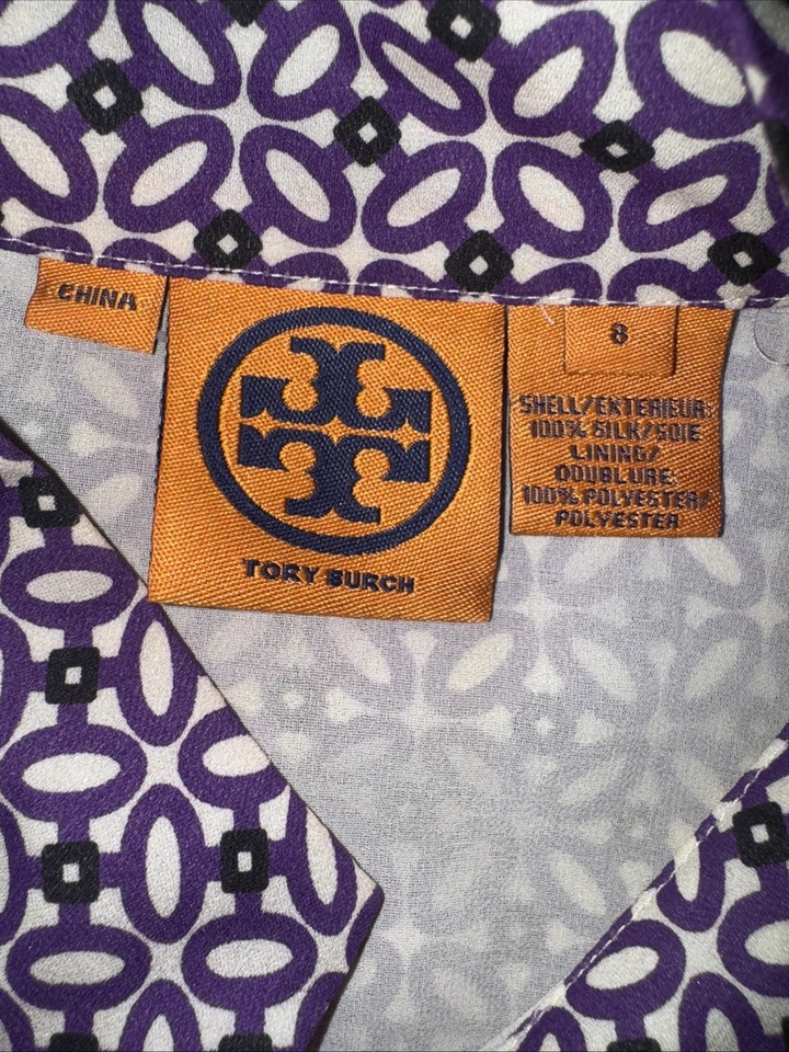 Vestido Tory Burch Talla 8 Seda Estampado Geométrico Púrpura Volantes Frontales Terciopelo Botones Foto 3 de 4