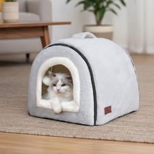 Spacious Arched Cat Bed with Hanging Pompoms - Perfect for Indoor Relaxation
