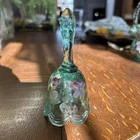 Fenton Glass Green Opalescent Bell w/ Ribbon Pattern  Hand Painted Signed EUC