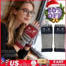 Knitted Fingerless Gloves for Women, Cute Cat Embroidery Cozy