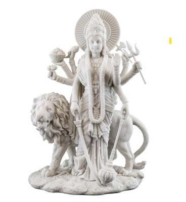 Divine Mother Durga Sculpture - 11'' White Marble Statue with Lion for Home Decor
