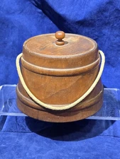 Vintage Charming Primitive Firkin Bucket, Wood Lid And Rope Handle 3 1/4" 