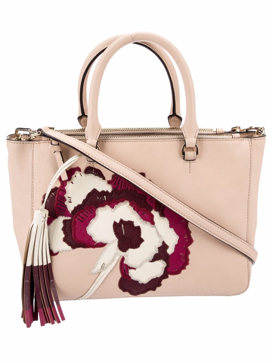 Tory Burch Robinson Embroidered Floral Pink Saffiano Leather