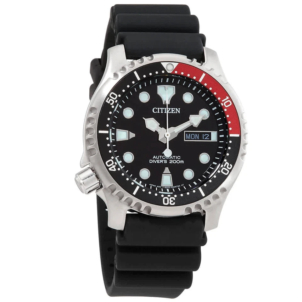 Relógio masculino Citizen Promaster Marine automático mostrador preto bisel de Coca-Cola NY0085-19E