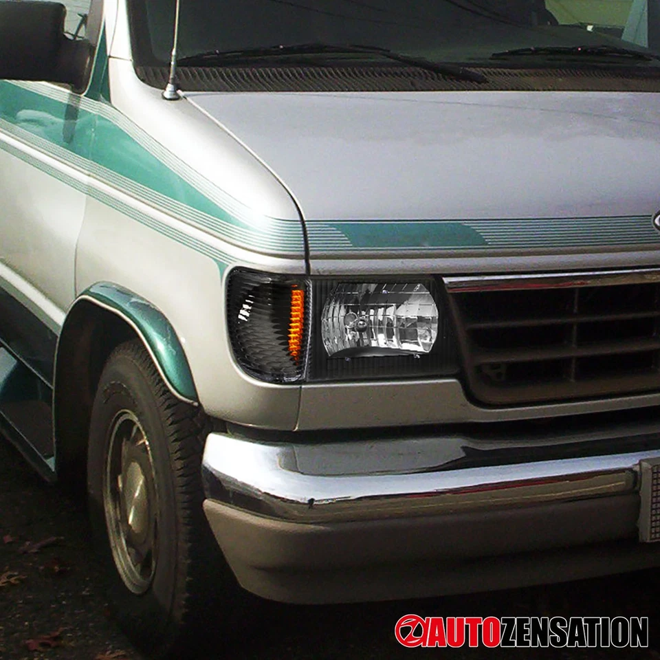 Fit 1992-2006 Ford E150 E250 E350 Econoline Black Headlights Lamps Left+Right - Image 2 of 4