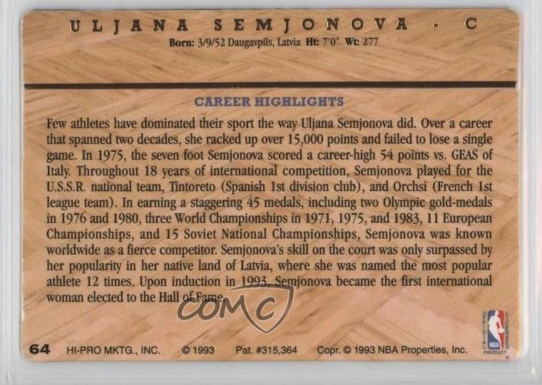 1993 Action Packed Hall of Fame Uljana Semjonova #64 HOF - Image 2 of 2