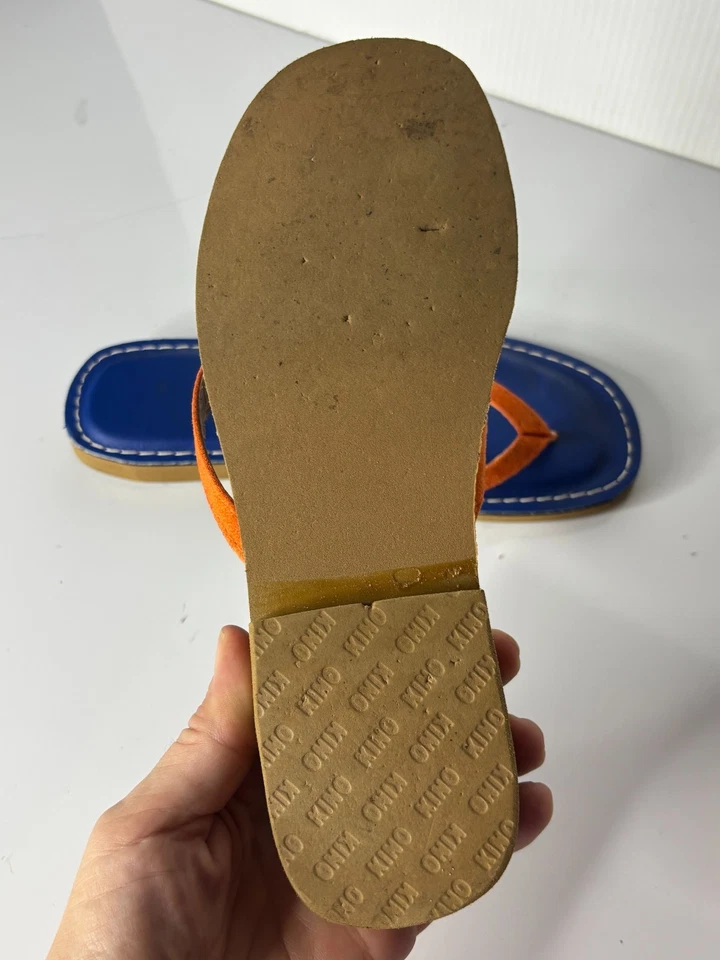 Chanclas planas de cuero con correa delgada azul naranja Key West hechas por KINO talla 6 Foto 4 de 4