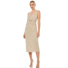 MAC DUGGAL Dress Size 8 Evening Gown Sequin NEW Cream Midi Sleeveless V-Neck
