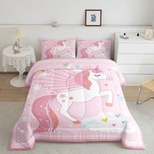 Pink Unicorn Bedding Set Queen Size for Girls Cute Rainbow Comforter Set Glit...