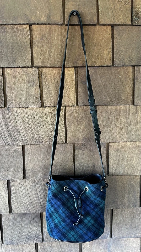 Vintage 90s 'Talbots' Dark Blue and Evergreen Plaid Mini Bucket Crossbody Bag - Image 2 of 4