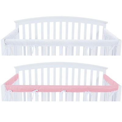 Crib Rail Cover Protector Safe Teething Guard Wrap for Standard Crib Pink&White