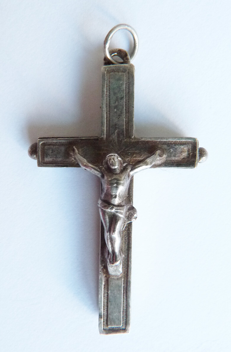 Grande Croix Reliquaire En Argent Massif 19e Siècle - Pendentif Crucifix Bijou Ancien, Occasion