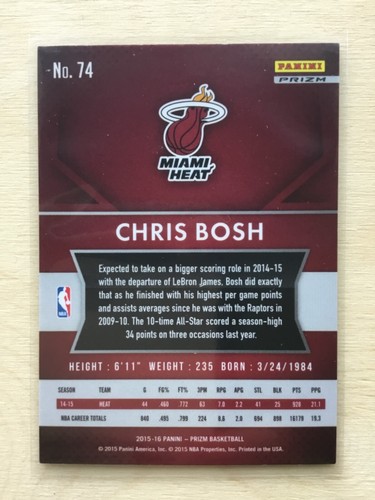 2015-16 Prizm #74 Chris Bosh SILVER PRIZM SP Miami Heat - Picture 2 of 2