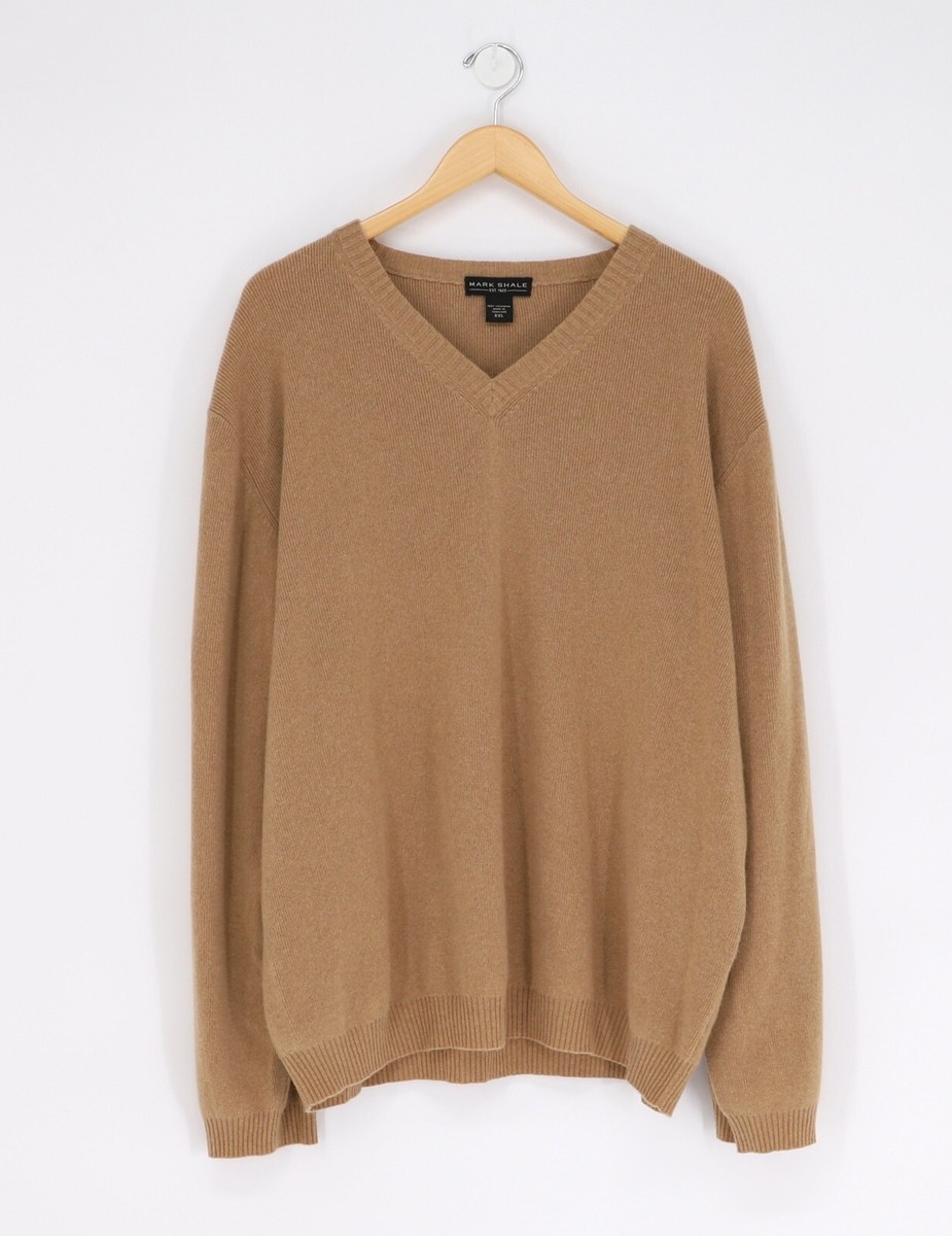 MARK SHALE Men's V-Neck Cashmere Sweater in Tan Size XXL