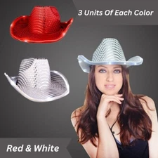 Party Glowz LED Light Up Flashing Sequin Cowgirl/Cowboy Hat White &Red Pack of 6