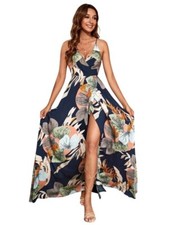 SHEIN VCAY Tropical Print Overlap Collar Backless Slit Thigh Cami Dress- Size XL