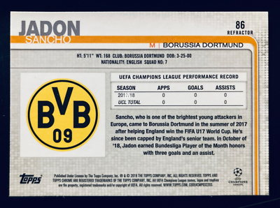 2018-19 Topps Chrome UCL # 86 Jadon Sancho BVB Dortmund refractor